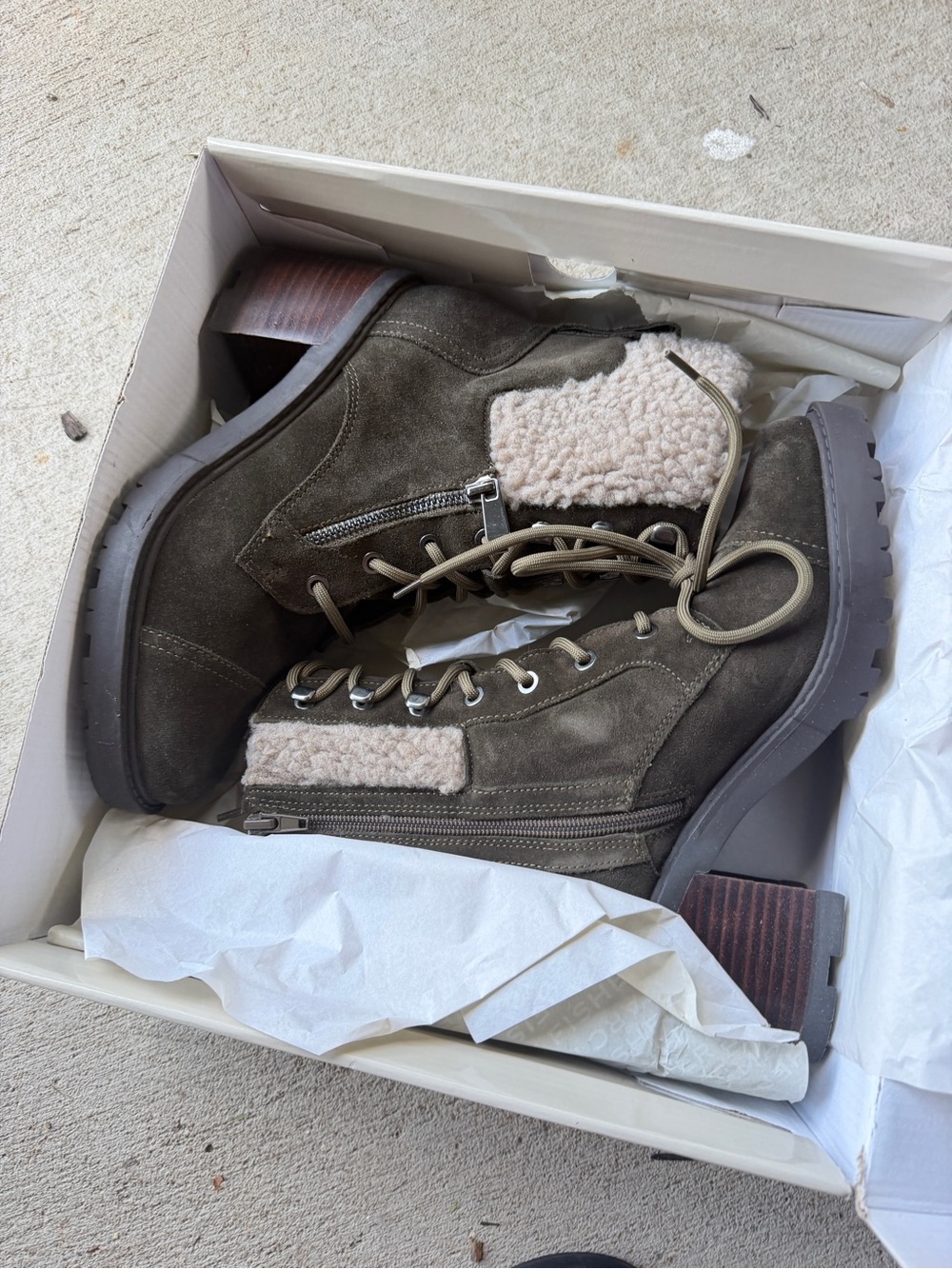 Marc Fisher Olive Green Suede Combat Boots with Shearling Trim